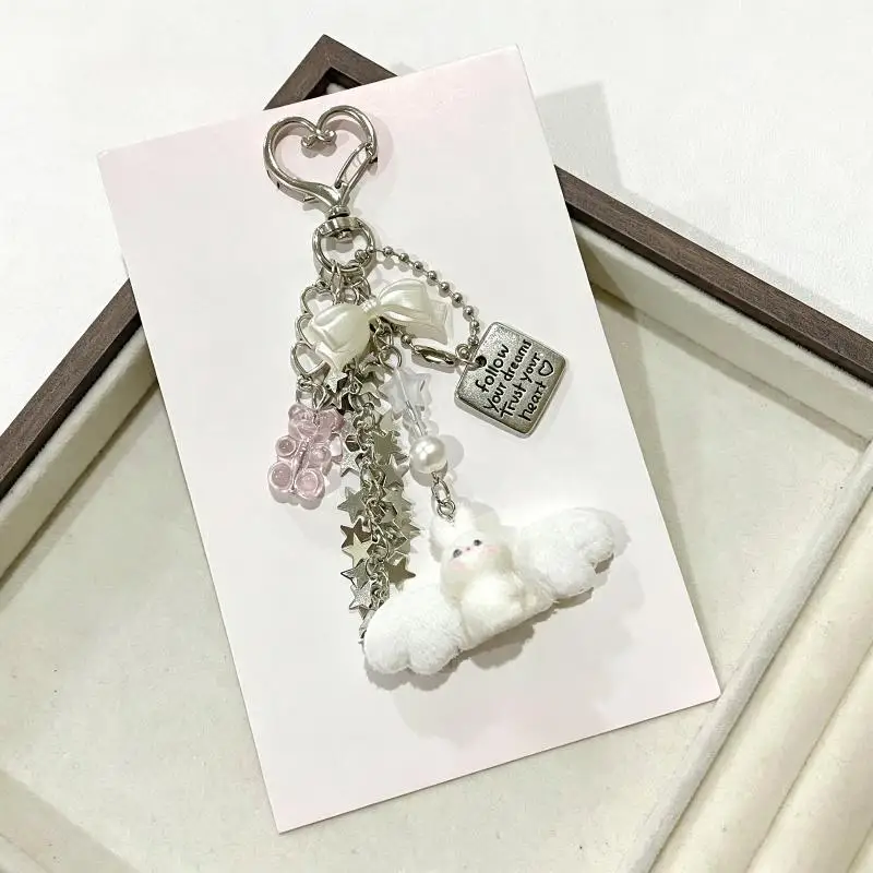 Niedlicher Engel-Häschen-Schlüsselanhänger, weicher Plüsch-Anhänger mit Schleife und Sternen-Charms, perfekt als tägliches Geschenk für Mädchen, Rucksack-Deko. – Detail 5