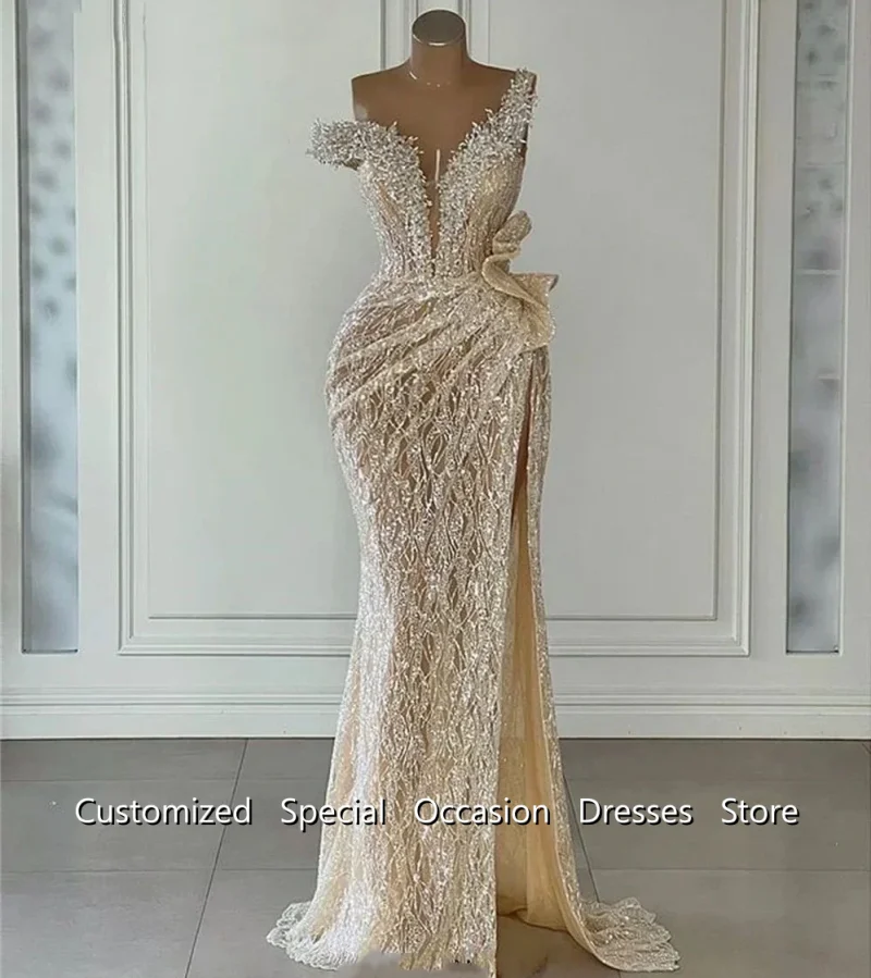 Luxuriöse Ballkleider für Mädchen, glitzernde Pailletten, Diamanten, elegante Meerjungfrauen-Kleider mit einer Schulter, plissierten Rüschen, Abendkleider nach Maß