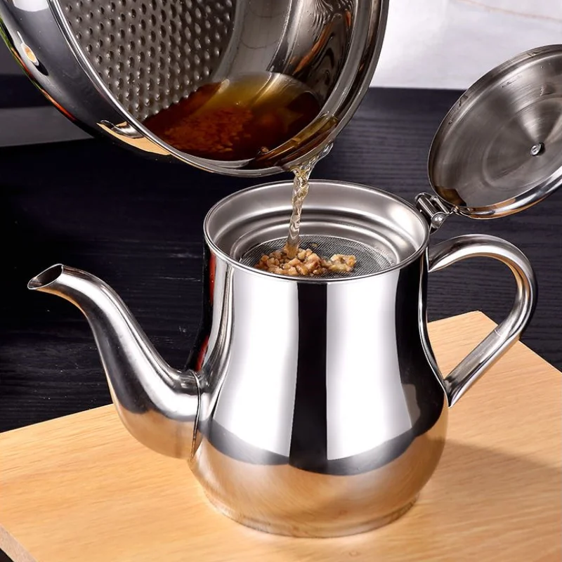 Stainless Steel Teapot with Filter Kitchen Oil Filter Pot Liquid Seasoning Container Coffee Holder Tea Kettle Kitchen Cooking