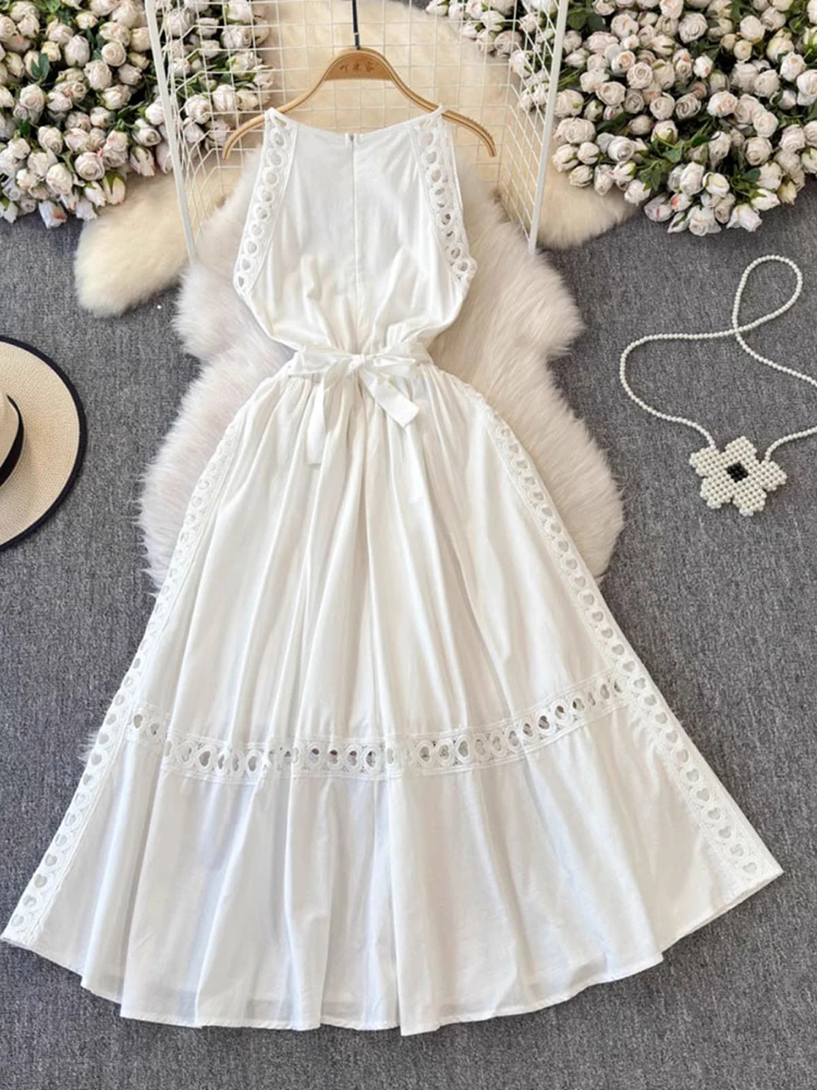 Elegante scava fuori le donne abito bianco senza maniche o-collo a-line abito lungo da festa 2025 Corea moda estate abiti a vita alta