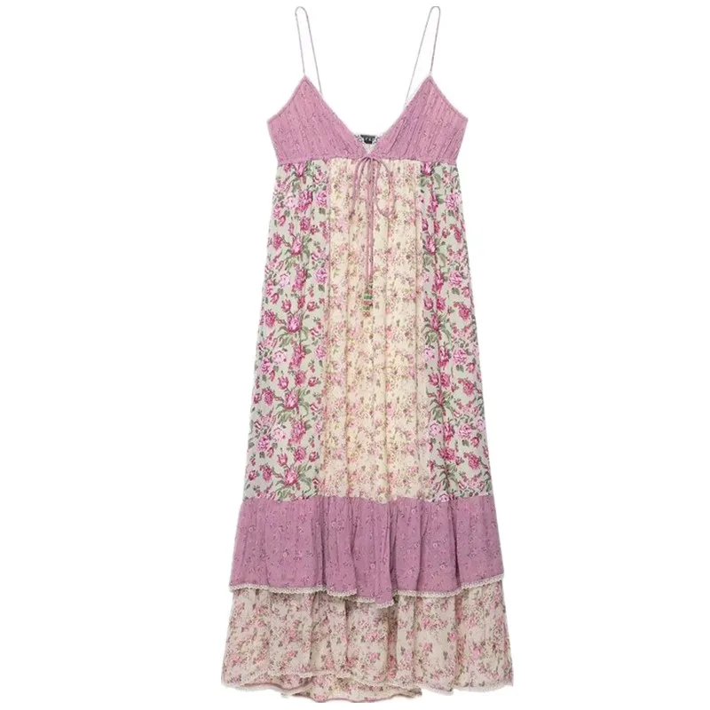 فستان نسائي جديد لخريف 2025 طويل بنقشة زهور ورقعة ملونة برقبة هالتر وخصر مرتفع من القطن والبوليستر بتصميم تنورة على شكل حرف A... #1