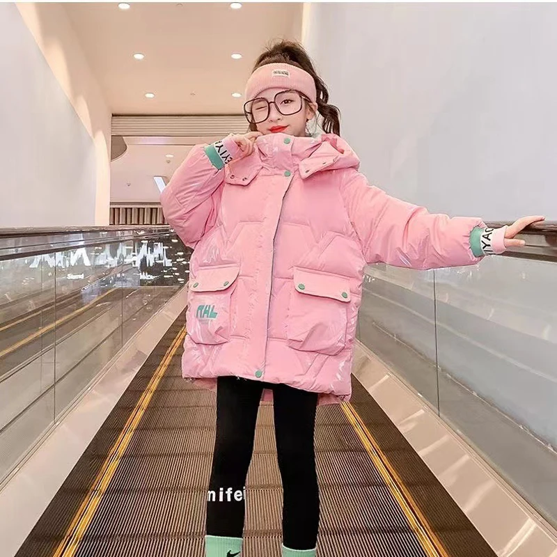 Fashion Girls Jacket Solid Color Glossy Waterproof Thicken Windbreaker For 4-12Y Leisure Keep Warm Hooded Down Cotton Overcoat