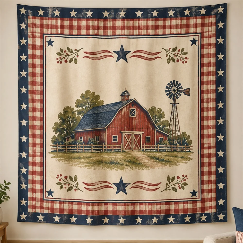 VIKAMA Plaid Check Pattern Border Frame Tapestry Wall Hanging, American Wall Art Tapestries for Kitchen Dining Room Living Room