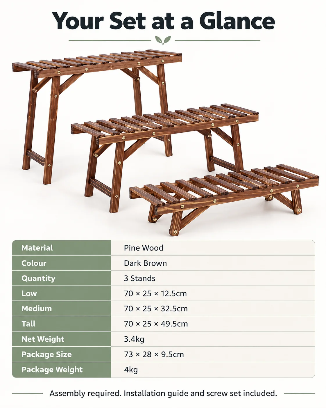 3 Pack Wooden Plant Stands Pine Wood Plant Shelf Set 70cm Wide Freestanding Flower Pot Display for Living Room Balcony
