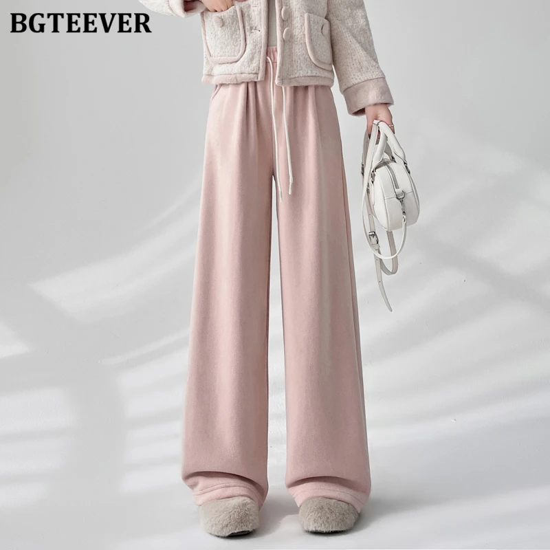 BGTEEVER Casual Thicken Velvet Warm Loose Female Floor-Length Straight Pants Winter High Waist Lace-up Women Wide Leg Trousers