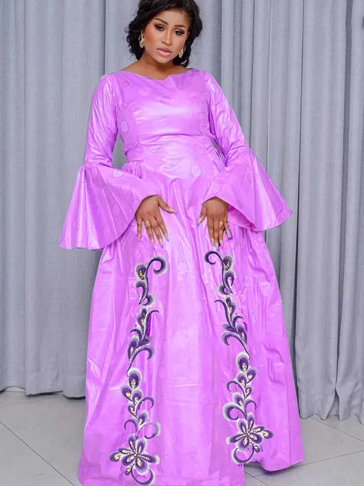 

Elegant Bazin Riche Long Dress For Traditional Wedding & Ankara Party, African Print Boubou Dashiki Robe With Scarf