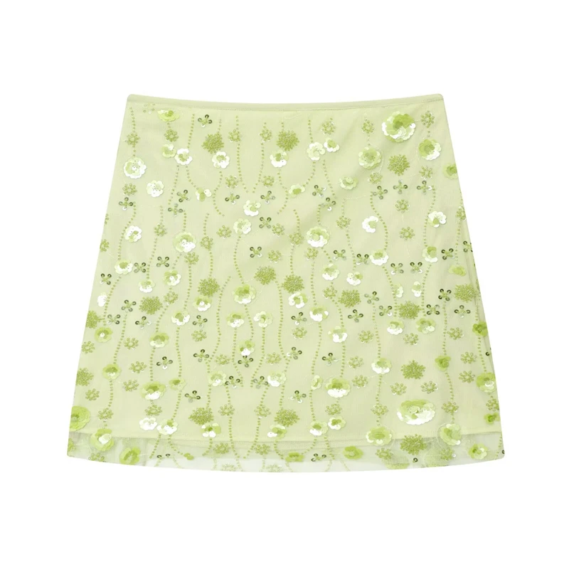 KEYANKETIAN 2025 Summer New Bohemian style Beading Sequined Embroidery Mini Skirt Zipper High Waist Women Slim Fresh Mesh Skirt
