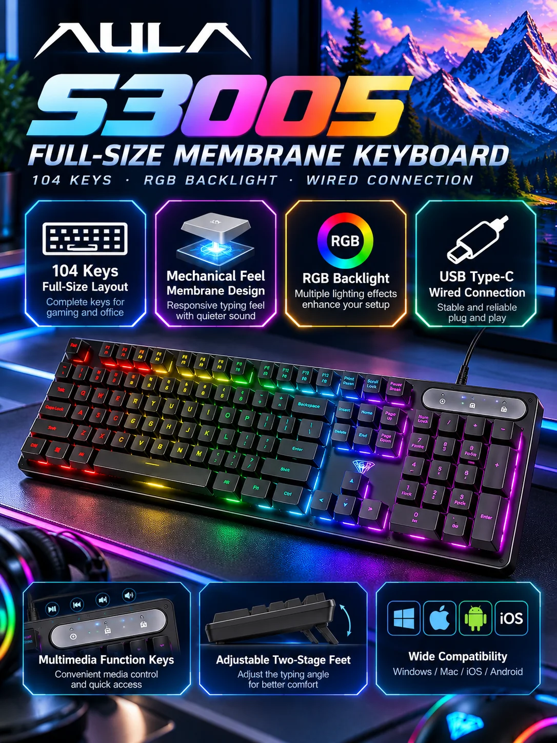Teclado Mecânico com Fio AULA S3005, 104 Teclas, Retroiluminação RGB, USB Tipo C, Tamanho Completo, para Jogos e Escritório