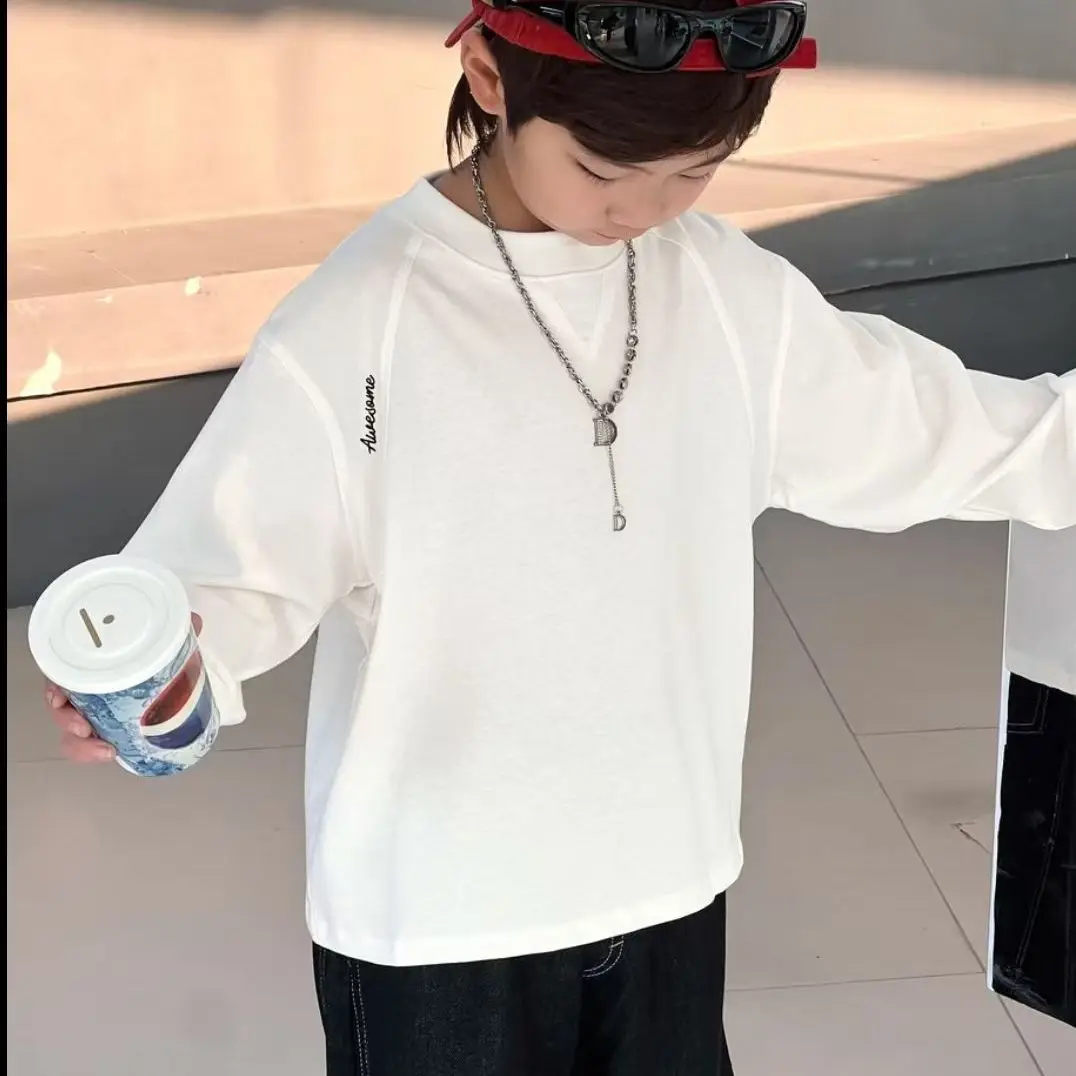 Boys T-shirt 2026 Autumn And Winter New Children's Clothing Korean Style Boys And Girls Embroidery Loose Casual Bottom Shirt