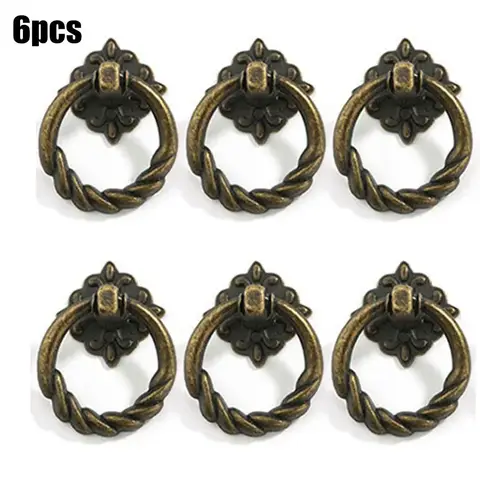 6 PCS Retro Vintage Cabinet Door Handle Pulls Antique Copper Cupboard Ring Handles Chinese Brass Drawer Pulls Furniture Decor