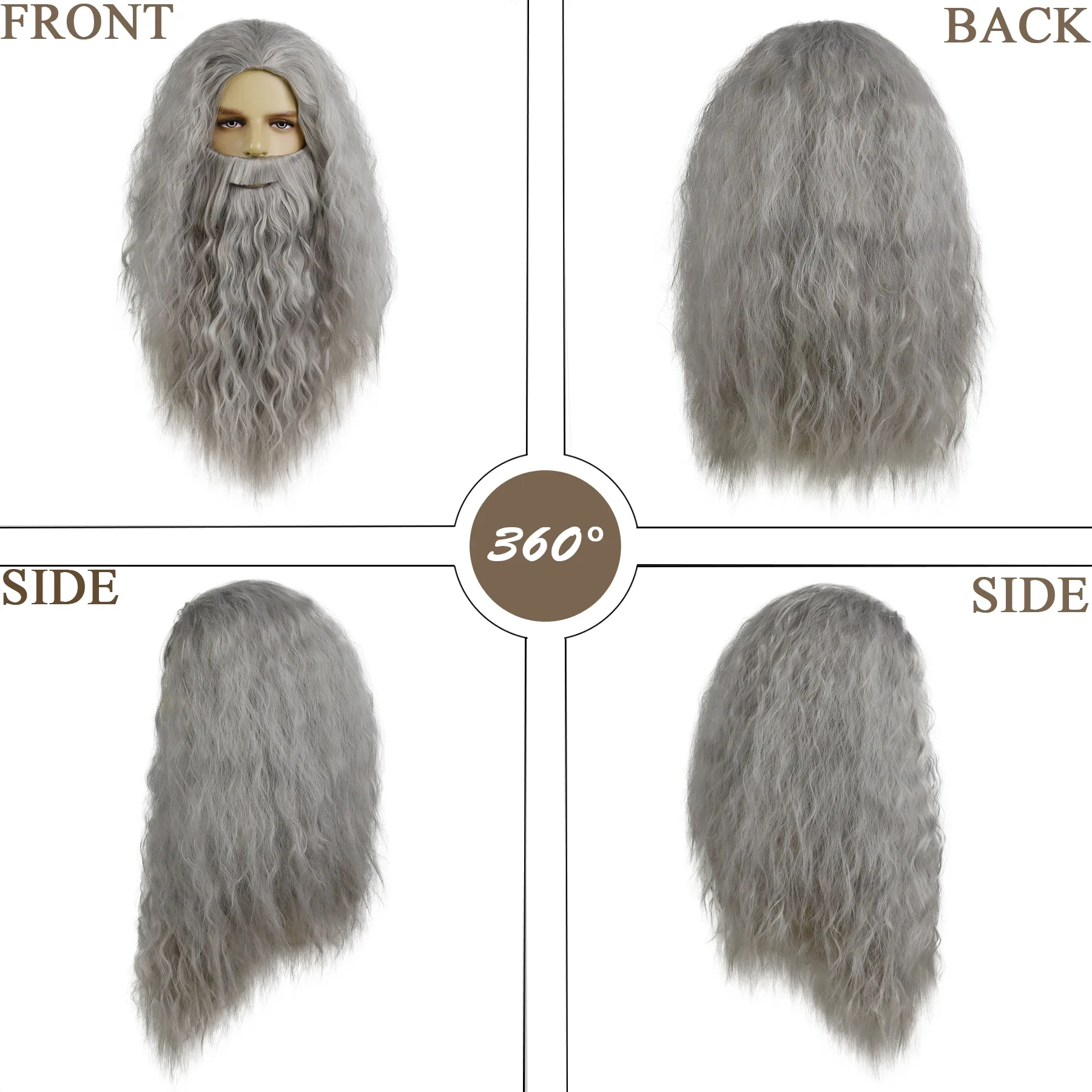 Synthetic Grey Dumbledore Wig and Beard Long Dark Gray Wizard Wigs + Beard + Magic Wand Sets Halloween Costume Accessory Adult