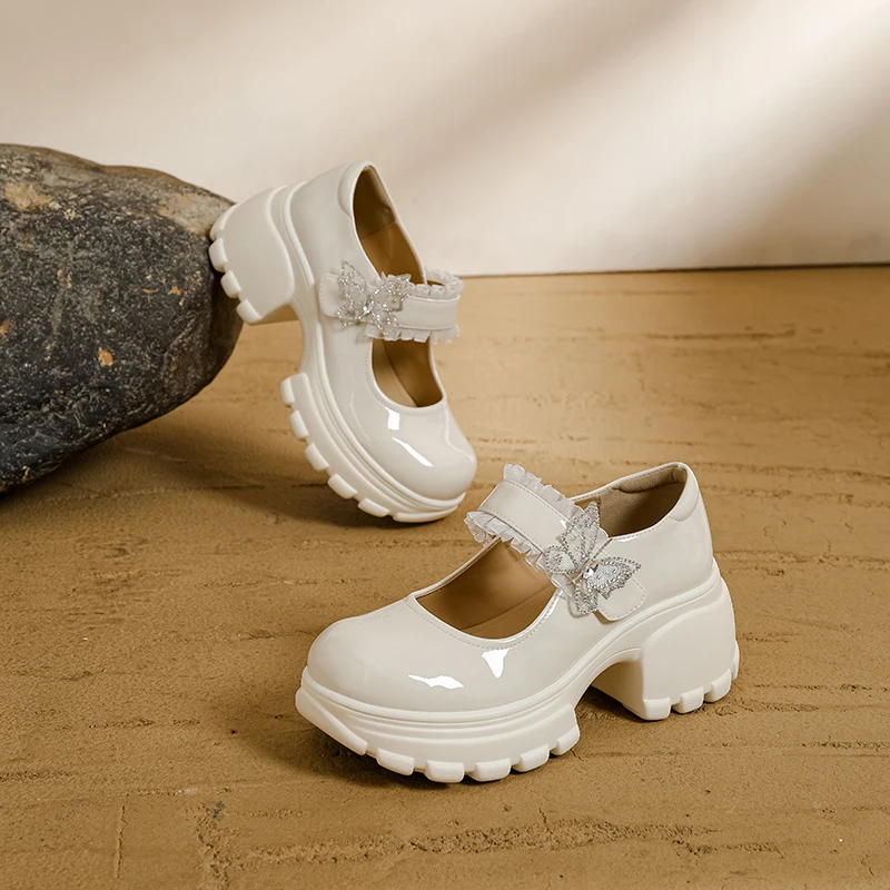 Sepatu Kulit Wanita dengan Renda Prancis dan Rok, Sepatu Mary Jane Bersol Tebal dengan Hak Tebal