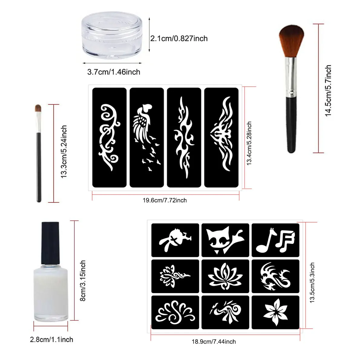 Tijdelijke glittertattoo-set, 12 leuke kleuren glittertattoos voor bodypainting, met 8 unieke sjabloonontwerpen en applicatorborstels, eenvoudig aan te brengen en te verwijderen, vakantiegeschenken, feestdecoraties, afstudeerceremonies, muziekfestival Rave-Partys Qla-Zh012