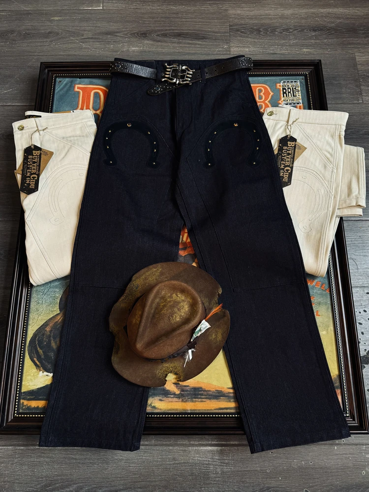 خياط براندو جينز أمريكي عتيق على الطراز الغربي مع مسامير حدوة حصان 14.8 أونصة 100% قطن ملابس عمل للرجال