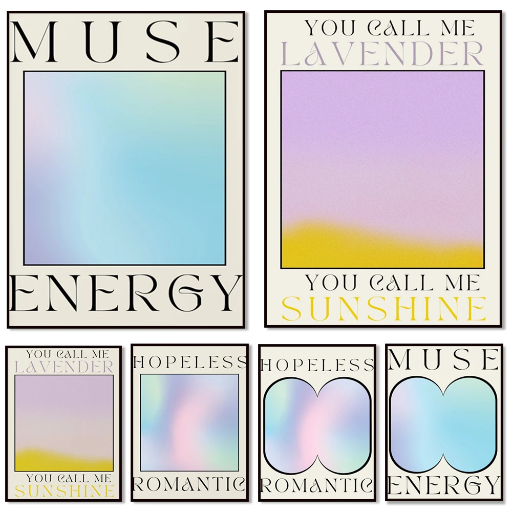 Muse energy pastel prints, desperate romantic exhibition art, pastel gradient posters, rainbow prints, 90s aesthetic decoration