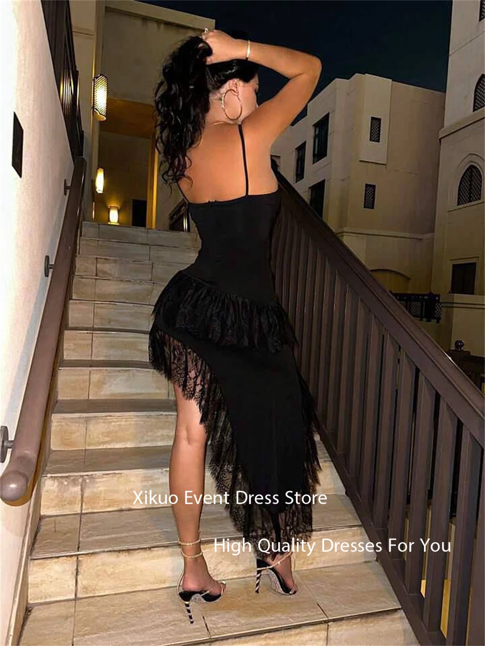 Xikuo sexy preto cetim vestido de baile sereia cinta espaguete vestidos para eventos rendas sem mangas cocatail vestido de noite personalizado