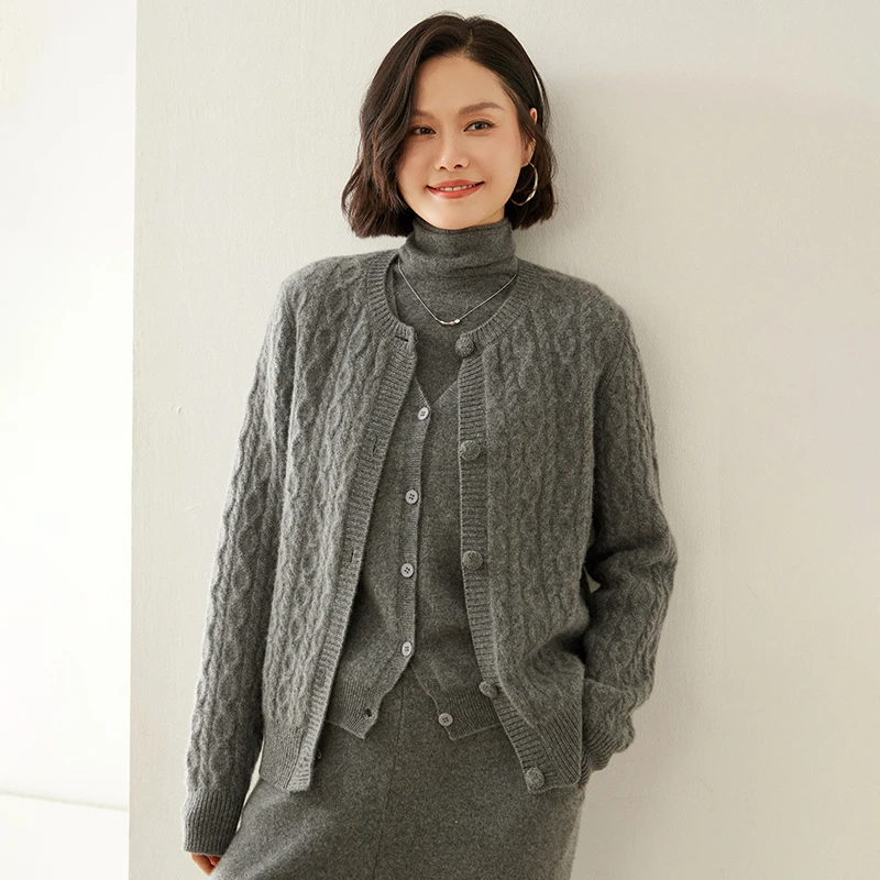 100% Cashmere Women's Cardigan Autumn Winter Seven-Needle Thick Knitted Sweater High-End Round Neck Coat Sweater