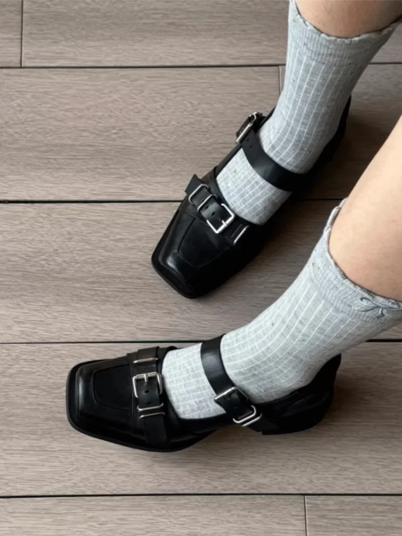 

2025 Spring New Women's Black Mary Jane Shoes Square Toe Chunky Heel Shallow Buckle Punk Style Large Size Ladies Office Shoes