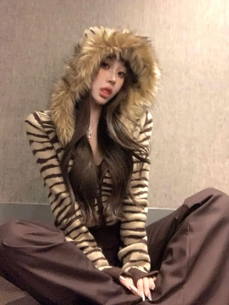 อเมริกันRetroลายขนสัตว์ผู้หญิงHoodedแขนยาวถักHoodedเสื้อกันหนาวฤดูใบไม้ร่วง/ฤดูหนาวY2K Slimซิปผู้หญิงtop