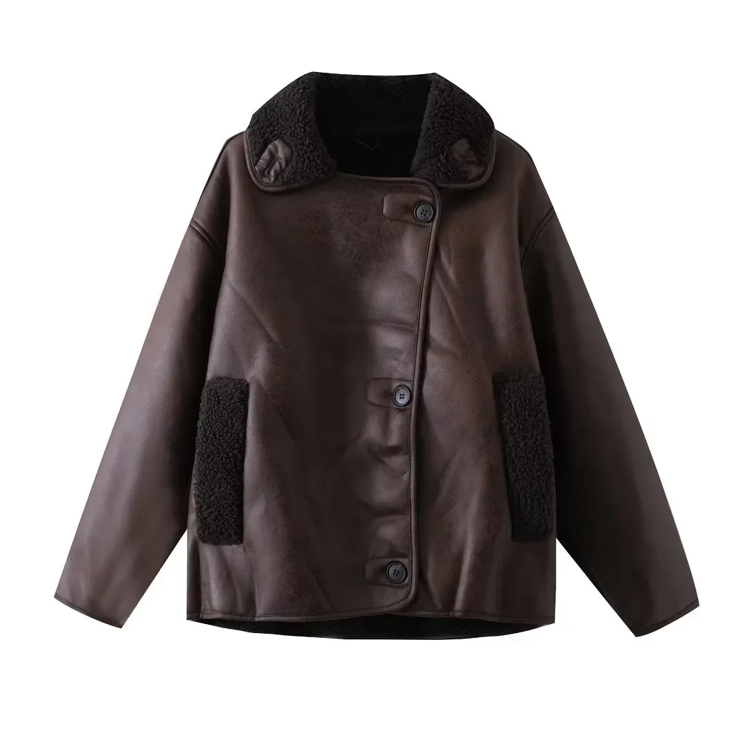 

Women New Fashion Pleated decoration Loose Warm Fur Faux Leather Jacket Coat Long Sleeve Button-up Female Outerwear Chic Tops