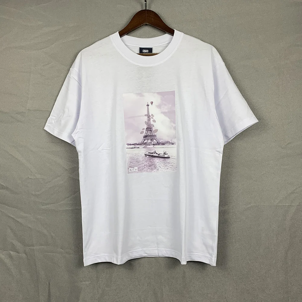KITH American Style Short Sleeve T-Shirt Pure Cotton Printed Eiffel Tower Trendy Streetwear Hamper Brown Unisex Casual Tee