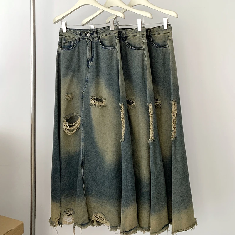 Vintage Holes Ripped Hollow Out Long Denim Skirts for Women Maxi High Waist Frayed Raw Hem A line Flare Jean Skirt with Pockets