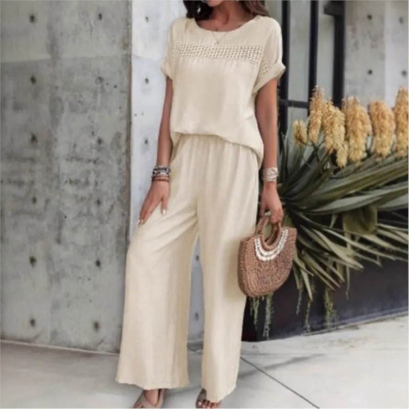 

Round Neck Short-sleeved Patchwork Short-sleeved T-shirt Wide-leg Trousers Two-piece Set Women's Office Commuting All-match Suit