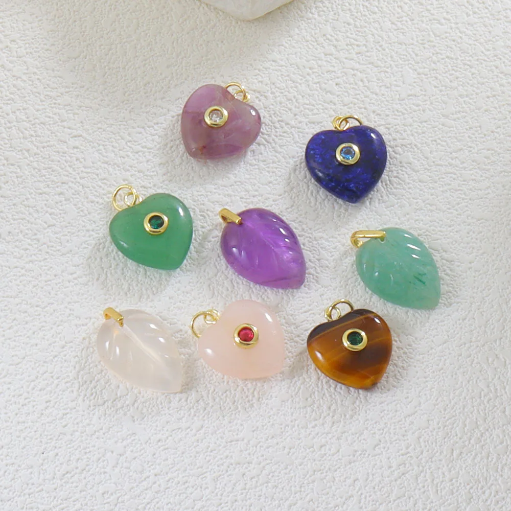 1PC colorful Natural Stone Heart Leaf Shape Charms Inlaid Zircon Pendant For DIY Necklace Bracelet Jewelry Making Accessories