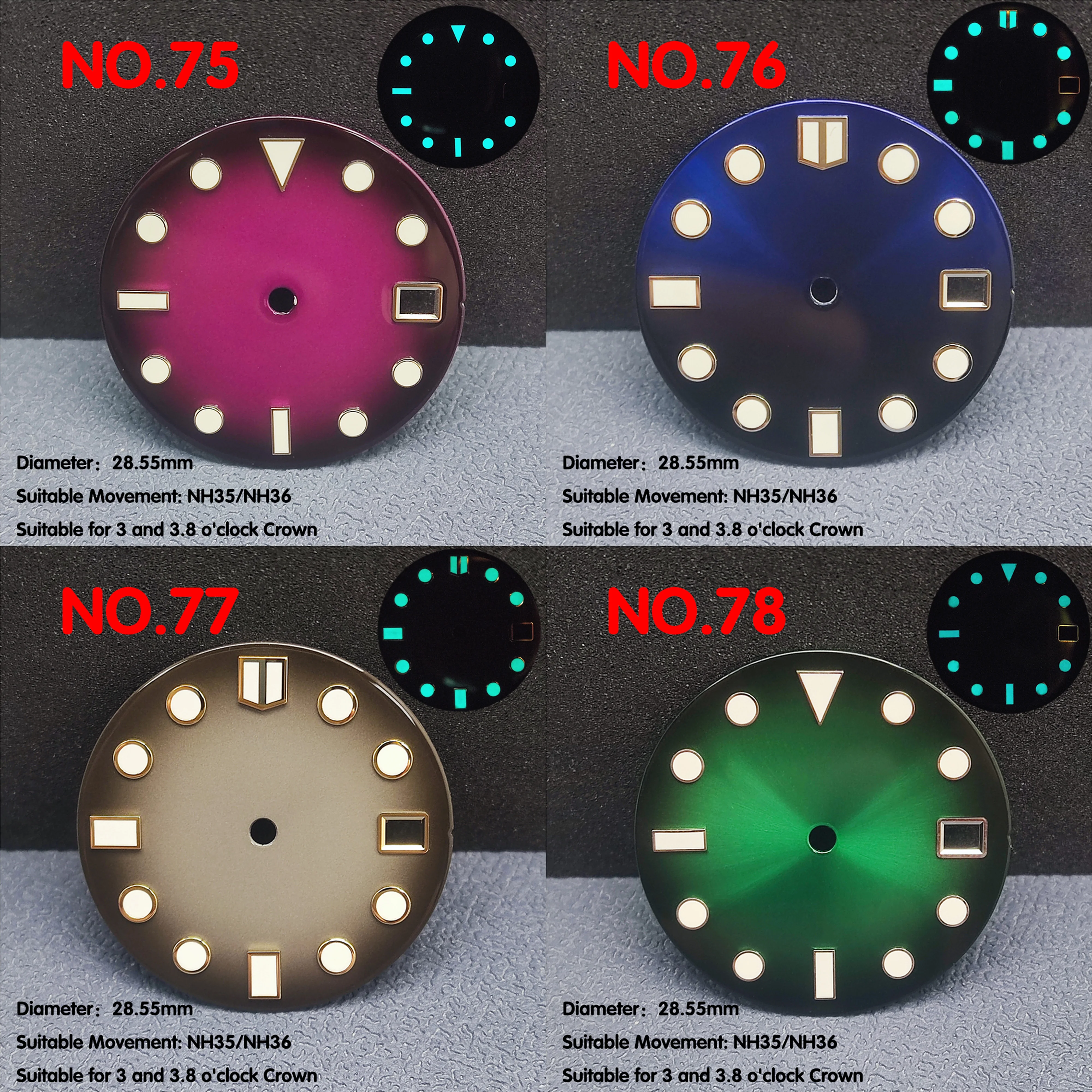 28.5mm watch dial single day NH35/NH36 colorful gradient night vision watch dial with support for custom logo