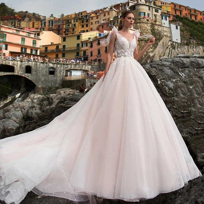 

Customzie Wedding Dress Boho Pearls Tulle Princess Backless V-Neck Appliques Bridal Dress Vestidos De Novia