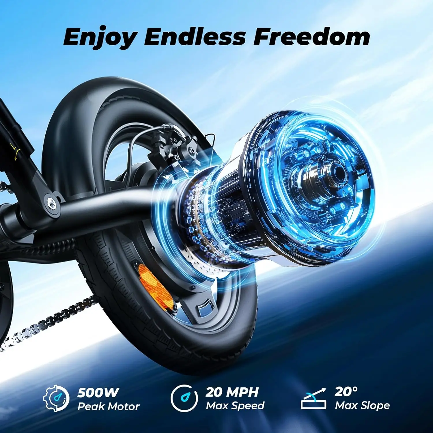 Foldable Adult  Bicycle 500W Peak Motor 20 MPH Max Speed 55 Miles Range 14 Inch Tire 3 Speed Modes Shock Absorber E Bike