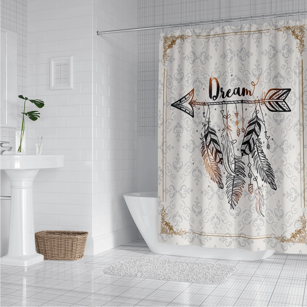 180x180cm bathroom waterproof polyester shower curtain, mold resistant, perforated with hooks, beige surface, retro print