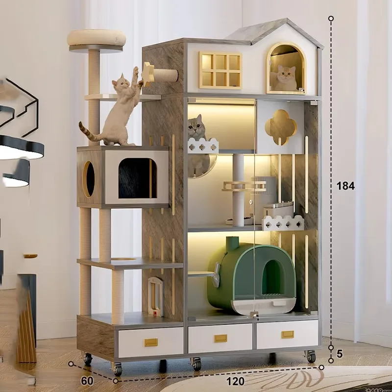 

Eco-friendly pet interior furniture Wooden cat house Pet show Breeding cage Luxury cat house with trash can