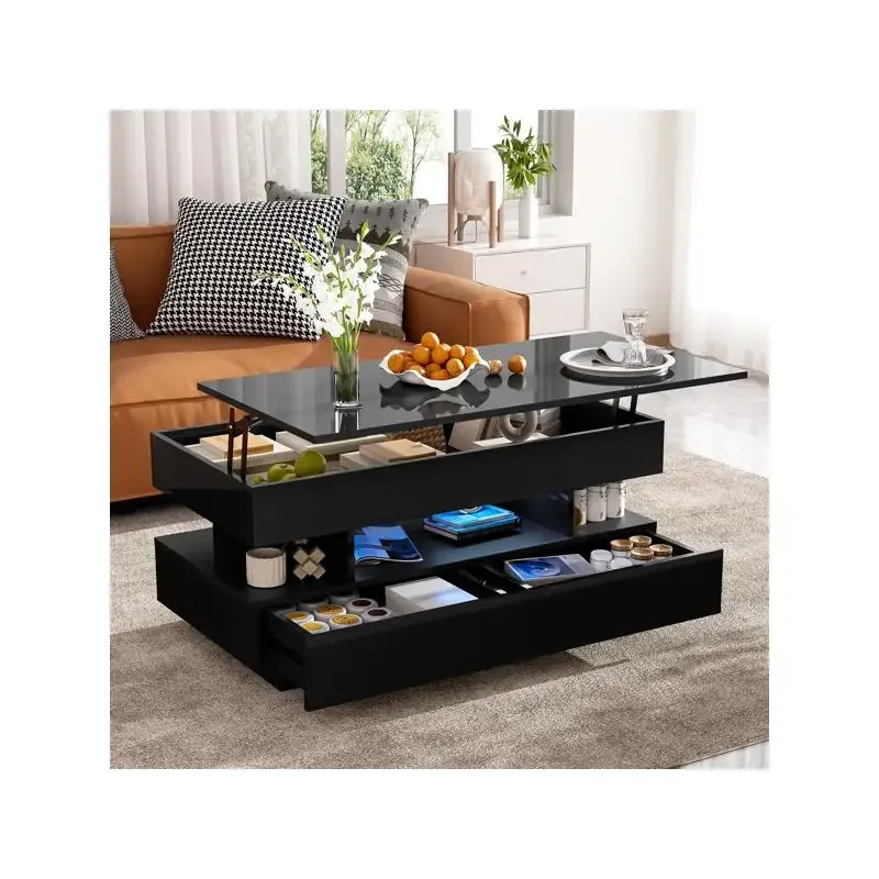طاولة قهوة حديثة قابلة للرفع مع درجين طاولة متعددة الوظائف مقصورة مخفية لمسة نهائية عالية اللمعان لديكور غرفة المعيشة