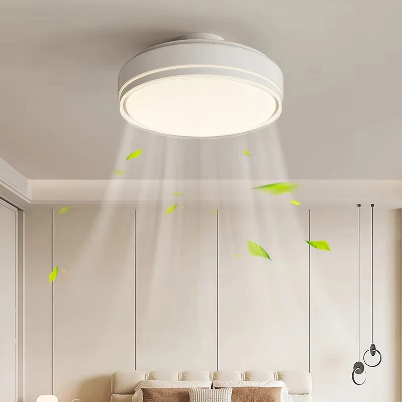

White Vaneless Ceiling Fan For Study Room Bedroom Round 54Cm Modern Bladeless Ceiling Fan With Light Flush Mount Fan Light