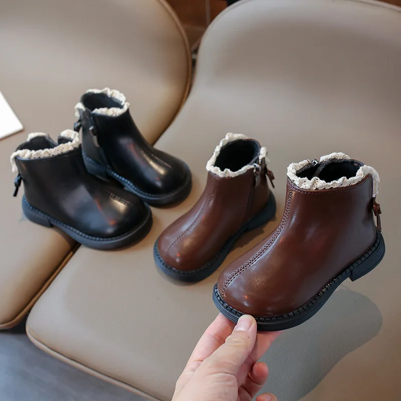 

Autumn Girls Ankle Boots Trend Princess Platform Shoes Sweet Children's Lace Bordered PU Leather Boots British Style