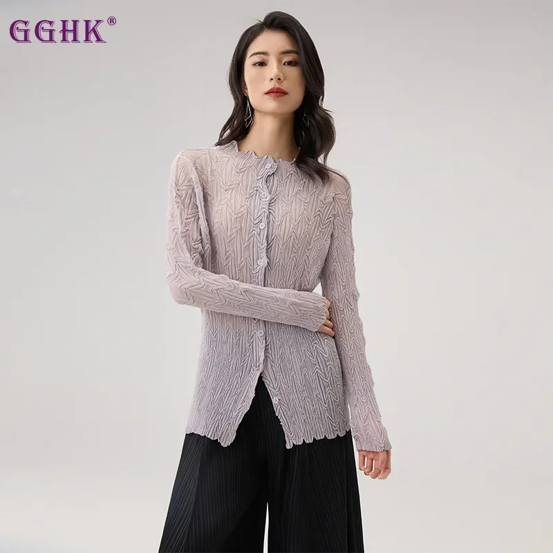 GGHK Pleated Women Thin Shirt Round Collar Long Sleeve Single Breasted Solid Color Vintage Design Loose Stretch Casual Top