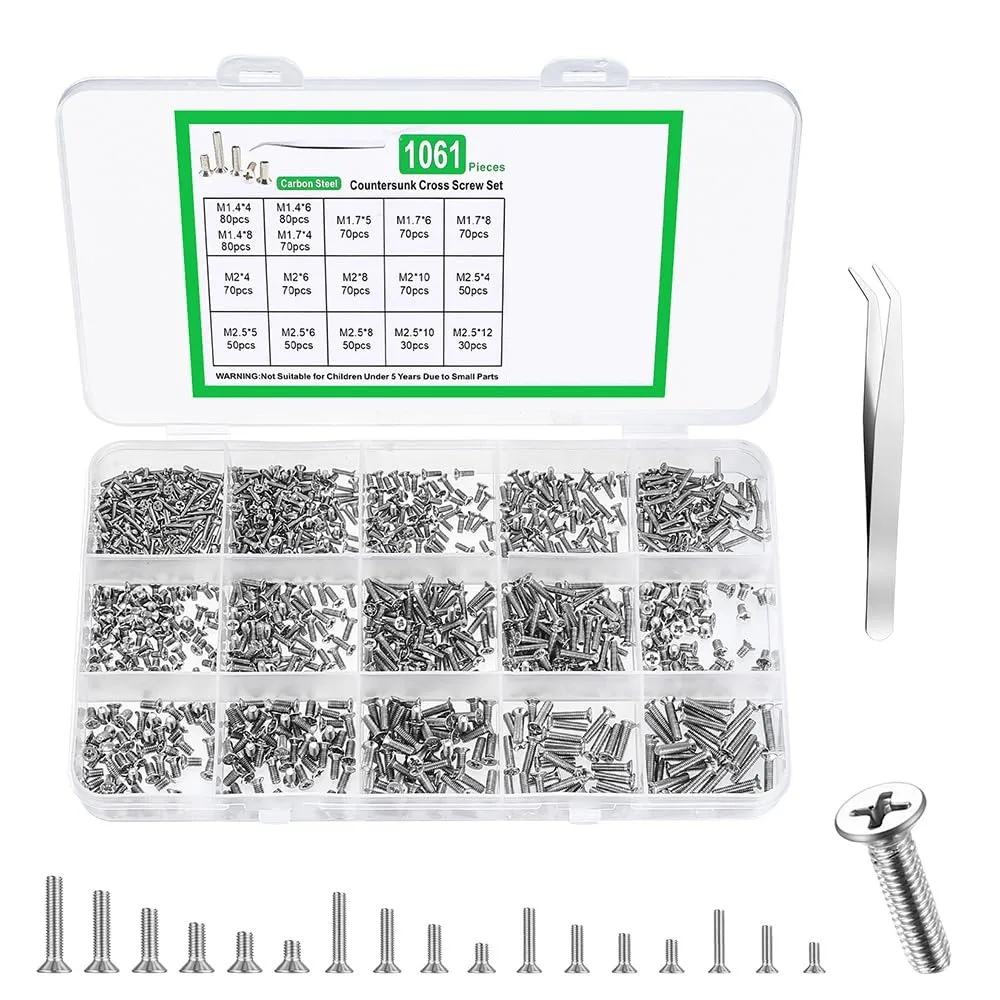 1061Pcs Mini Screws Set M1.4 M1.7 M2 M2.5 Flat Head Small Micro Countersunk Screw Machine Screws for Watches Computer Glasses