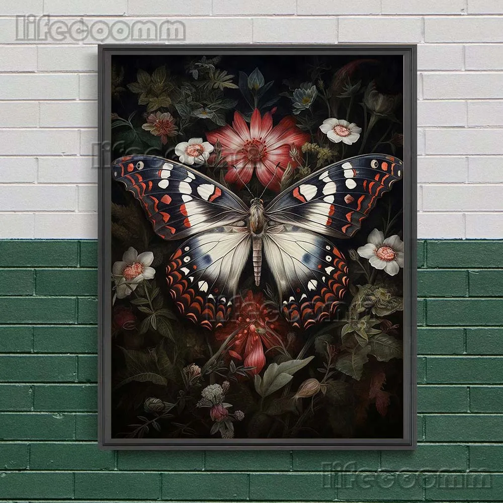 Woodland Dark-Blue Moth And Butterfly Vintage Wall Art Canvas Print Goblincore Floral Dark Academia Art Poster Print Decoration