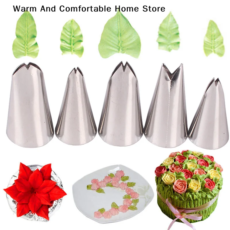 5pcs For Create Cream Leaves Bows Stainless Steel Icing Piping Nozzles Pastry Tips Fondant Cake Decorating Tools Kitchen Gadgets