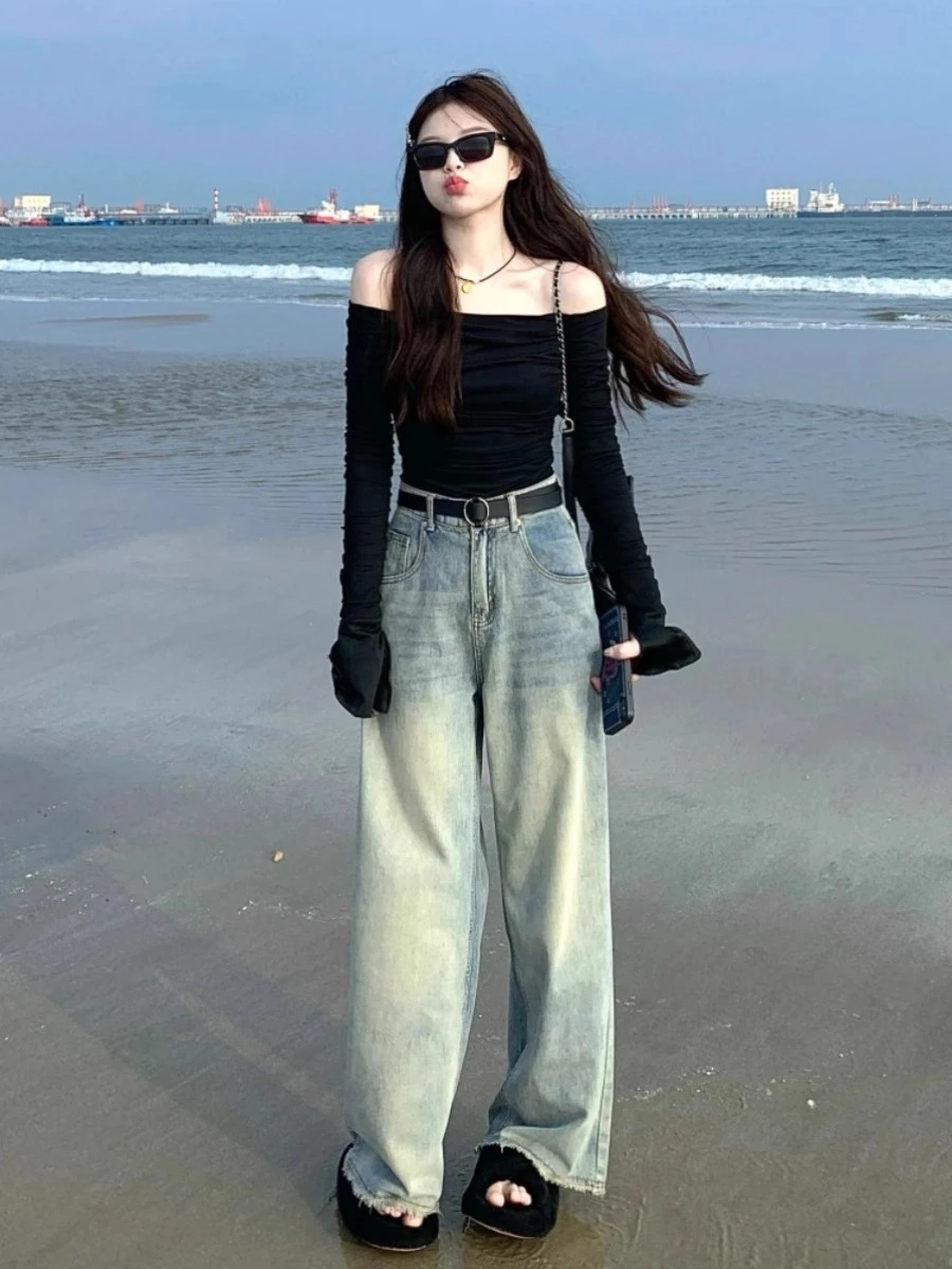 

Свободные узкие женские джинсы, брюки с вырезом, прямые брюки в винтажном стиле, потертые брюки для женщин с высокой талией, зима-осень