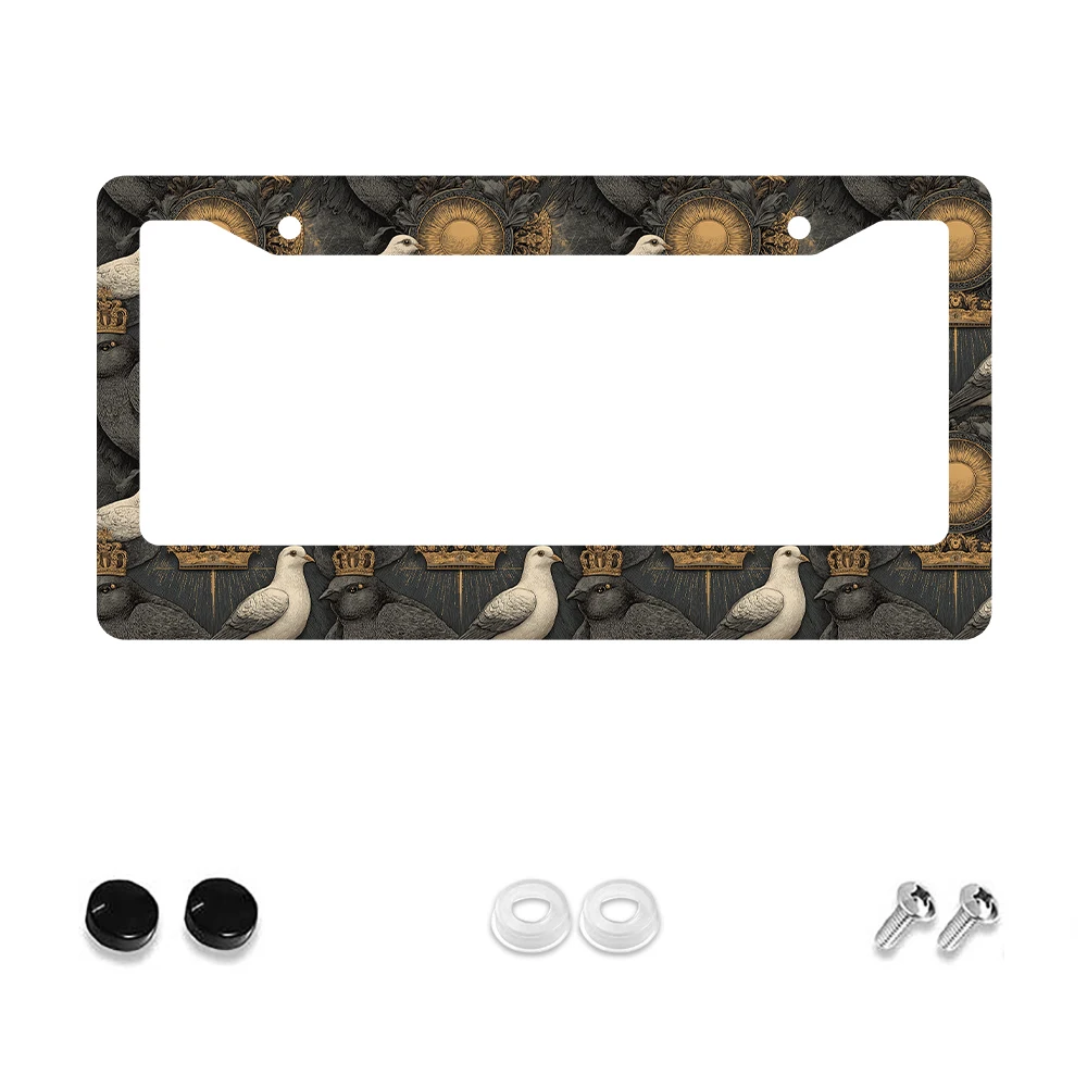 

1pc Black and Gold Crowned Birds Pattern 2 Hole License Plate Frame, Aluminum Material, 6x12 Inches, with Screw Kit, Retro Nove