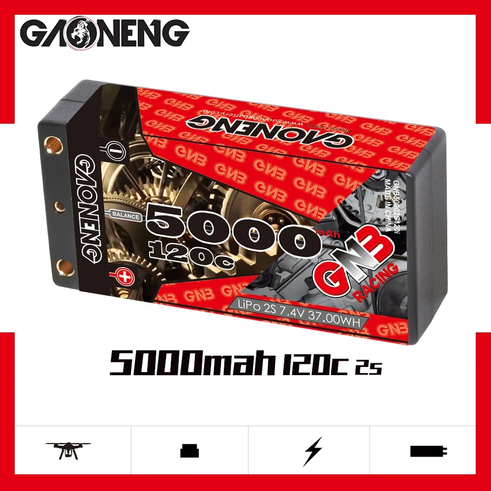 GAONENG GNB 5000mAh HV 2S 120C 240C 7.4V Thin Shorty Pack 4mm Built-in Bullet Hard Case LiPo Battery 1/10 1/12 1:10