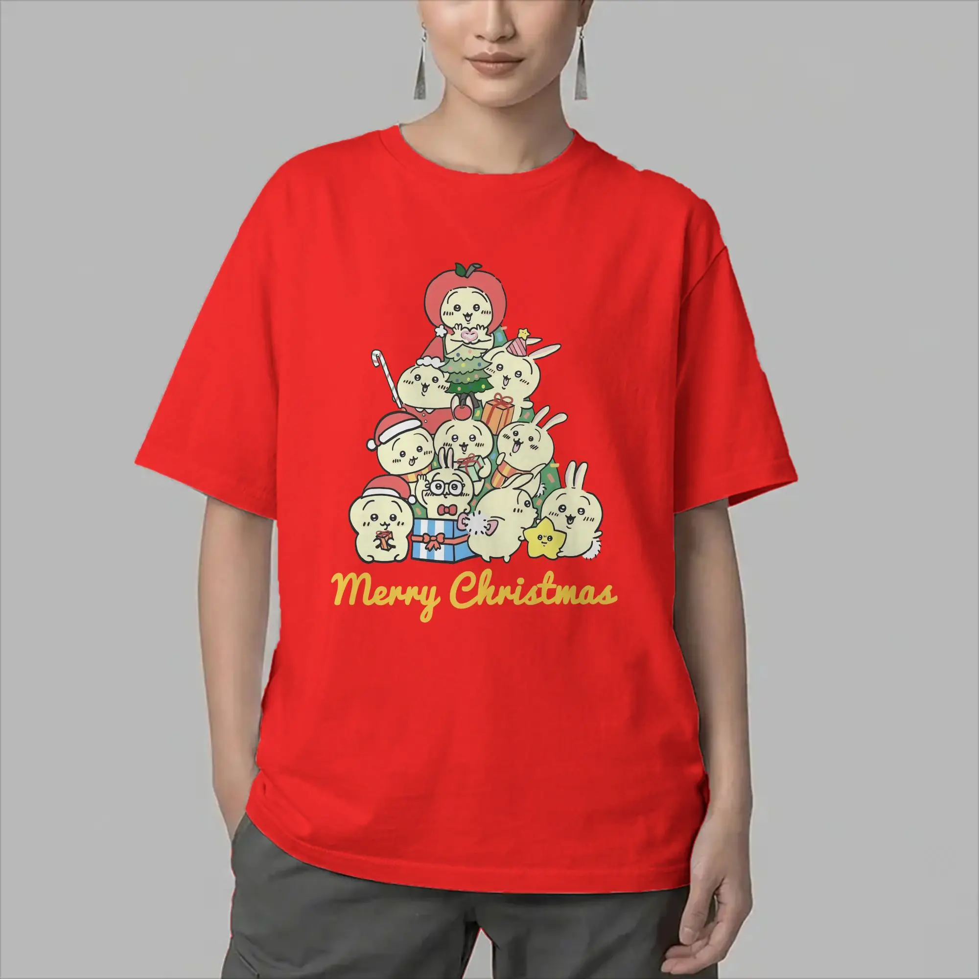 Men T-Shirts Usagi Kawaii Chiikawas Merry Christmas Novelty Cotton Tees Short Sleeve  T Shirts O Neck Clothing Plus Size