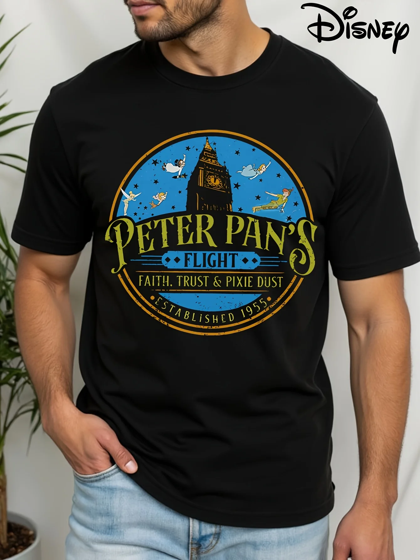 تي شيرت صيفي للرجال من Disney Peter Pan Flight Faith and Elf Dust خفيف الوزن يوميًا بأكمام قصيرة ورقبة دائرية وأكمام قصيرة
