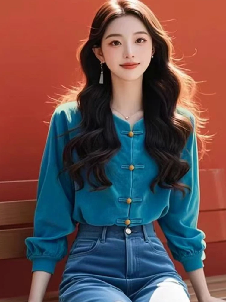 

2025 Spring Autumn Blouses O Neck Long Sleeve Solid Color Single Breasted Corduroy Shirts Fashion Elegant Vintage Women Clothing