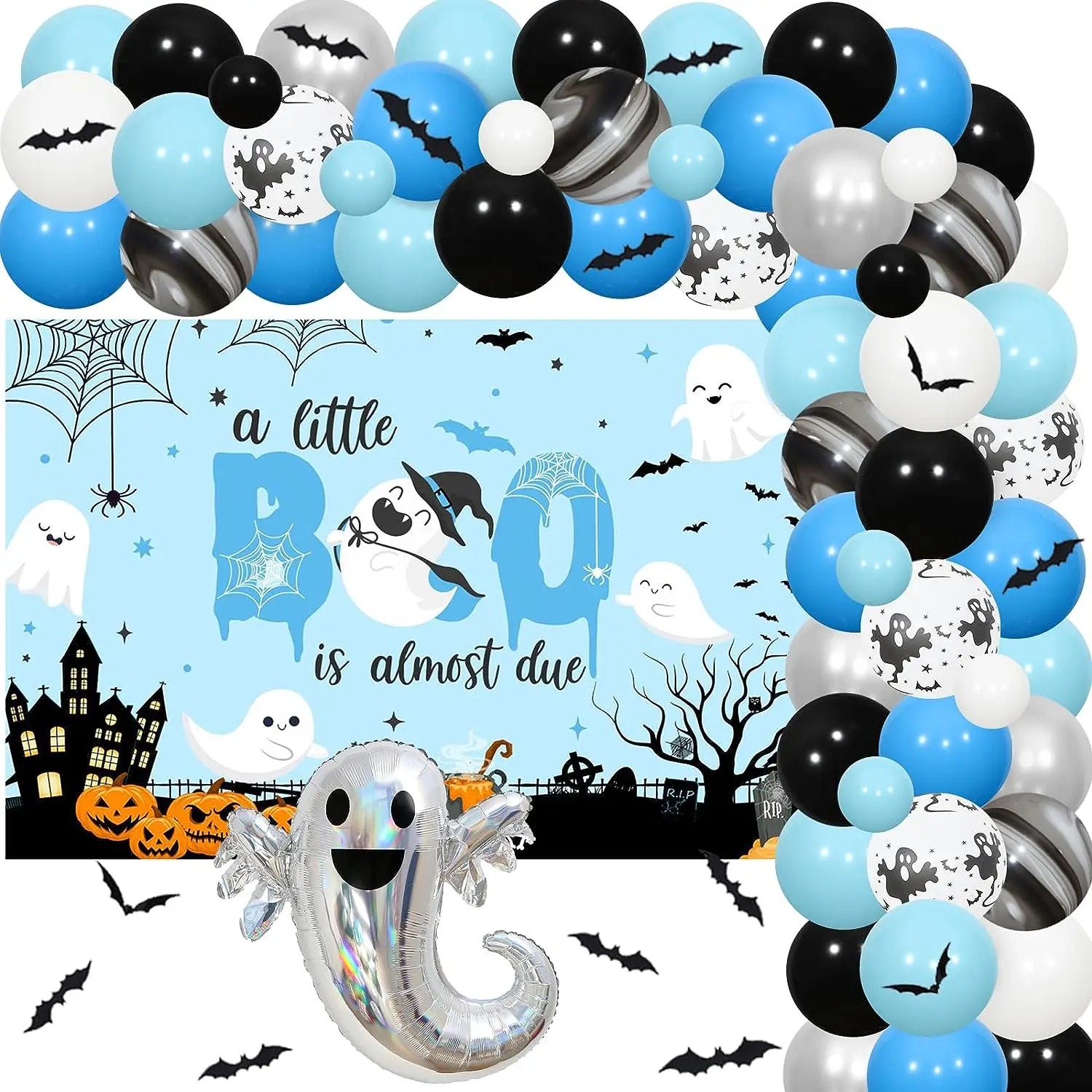 

Halloween Party Decorations for Boys, Bat Balloon, Garland Kit, A Little Boy, A Little Boo Is Just Due Backdrop, Blue and Silver