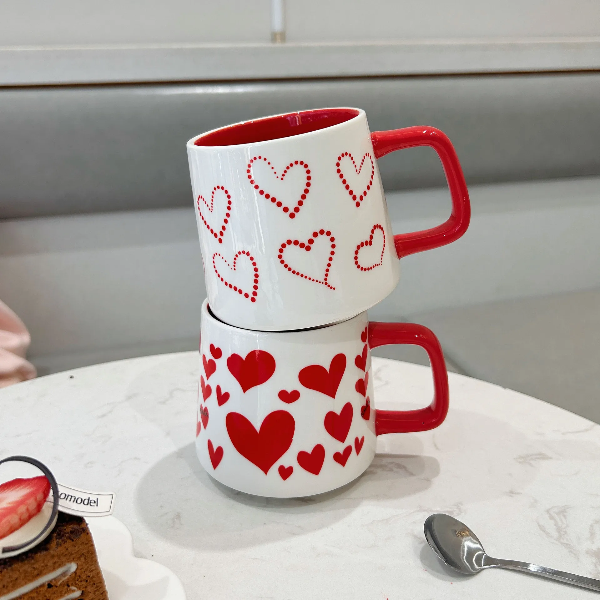 Red Heart Ceramic Mug Set, Cute Love Coffee Cup for Couples, Aesthetic Home Water Cup, Ideal Wedding Engagement &Valentines Gift