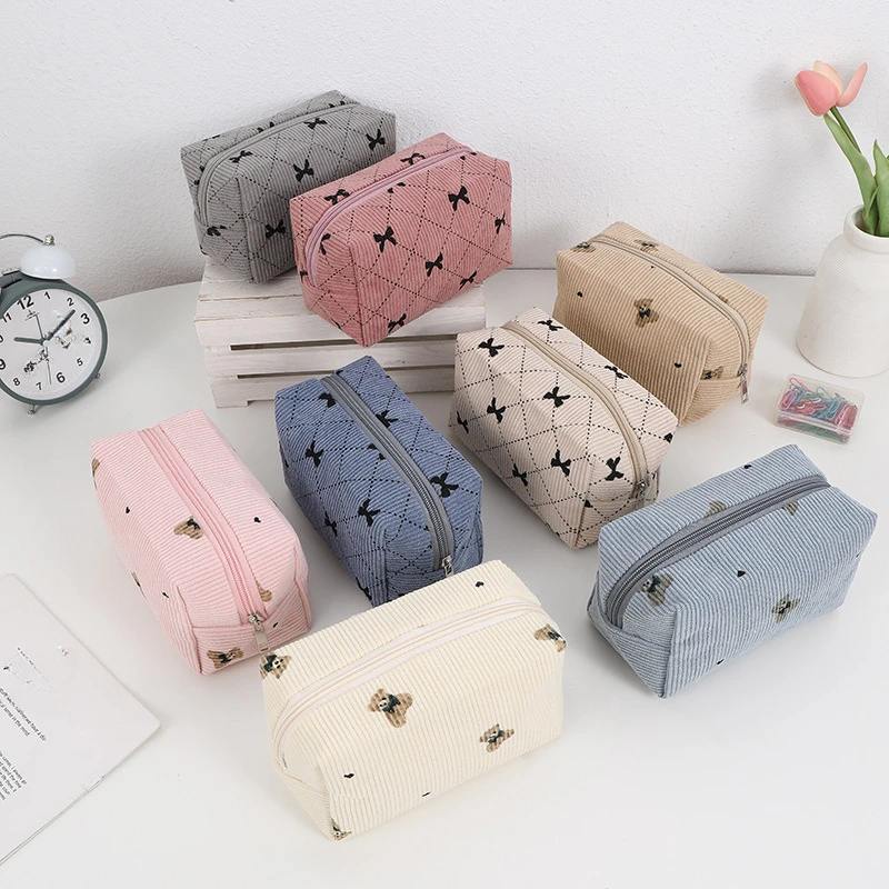 Kawaii Corduroy Travel Cosmetic Lipstick Makeup Storage Bag Toiletry Kit Women Makeup Handbags Organizer Pouch Bag Pencil Case