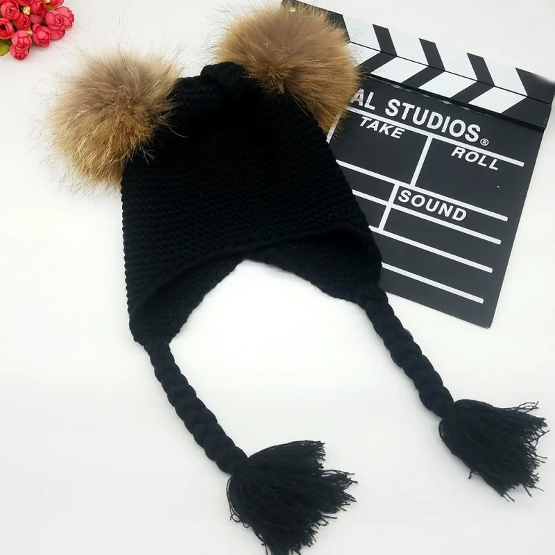 Children\'s Autumn and Winter Korean Warm Girls\' Sleeve Cap Baby Double Fur Ball Knitted Woolen Cap Boys\' Real Fur Hat Fashion